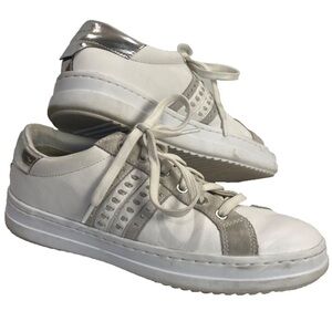 Geox Respira Pontoise White Silver Leather Sneaker Women's 9